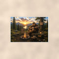 Campfire Guitar Bigfoot — 36x24 in art print poster, premium luster paper with a white border; poster shown straight on against a warm wall.