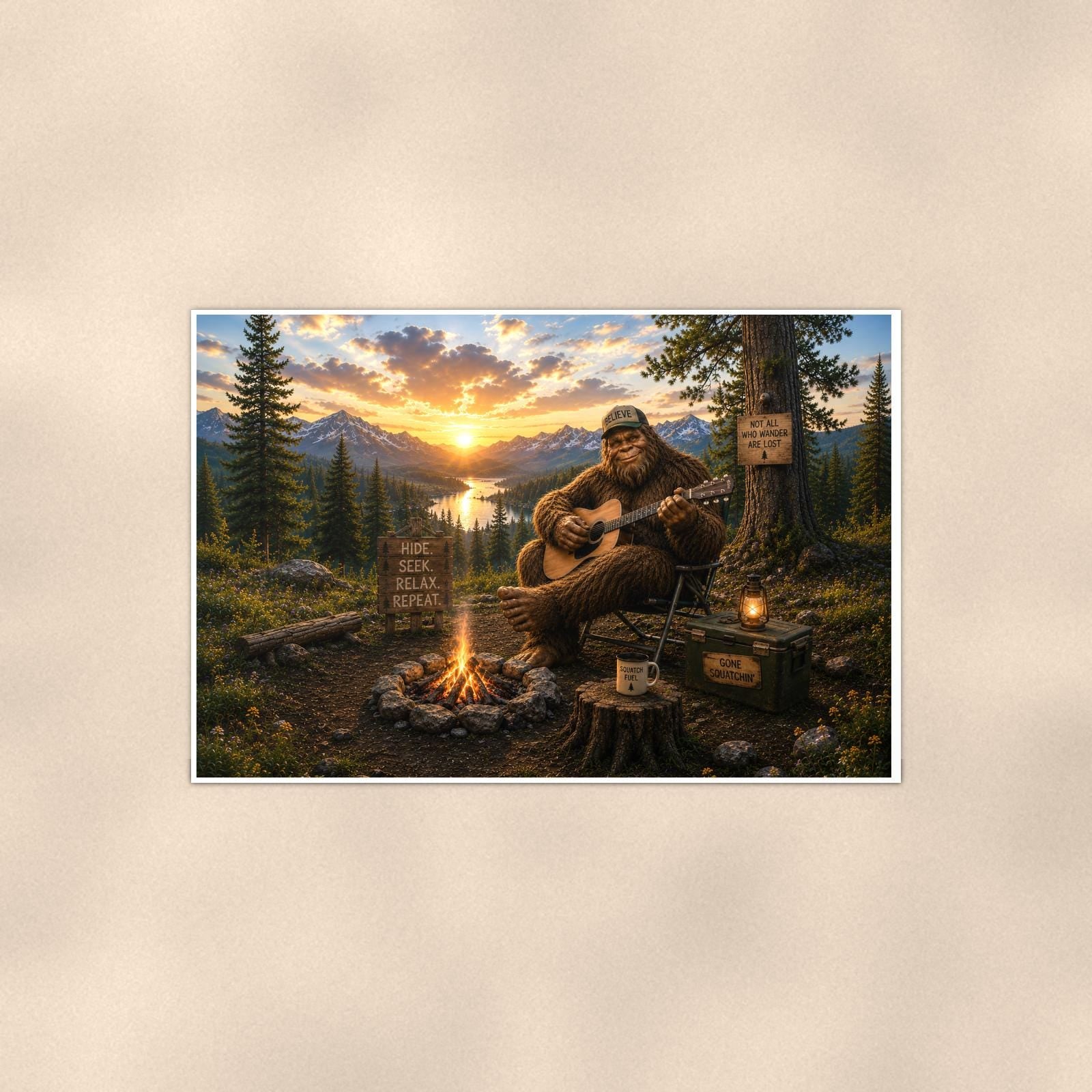 Campfire Guitar Bigfoot — 36x24 in art print poster, premium luster paper with a white border; poster shown straight on against a warm wall.