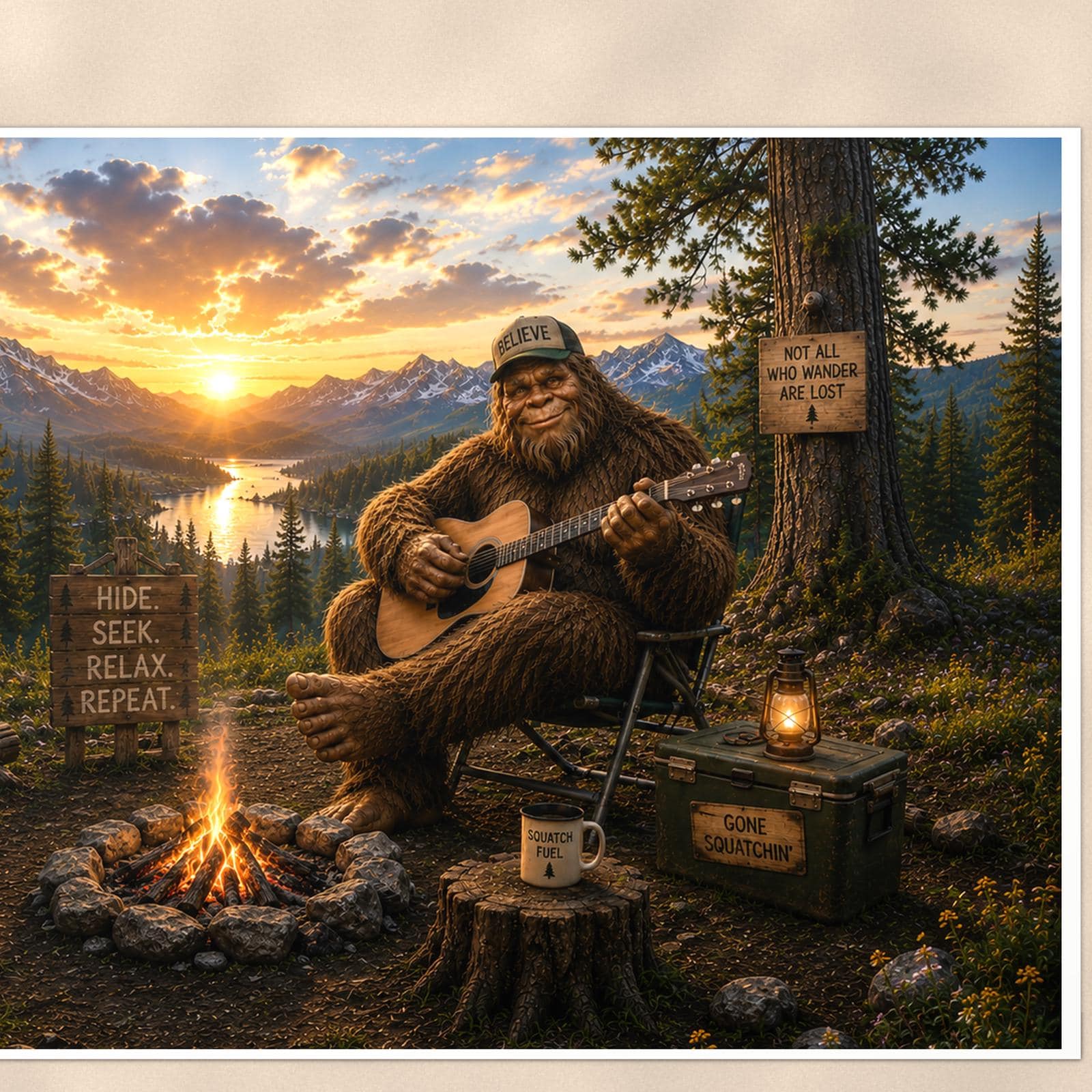 Campfire Guitar Bigfoot — 36x24 in art print poster, premium luster paper with a white border; close-up framed on the main subject of the artwork, paper surface visible.