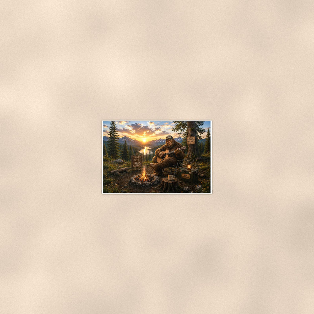 Campfire Guitar Bigfoot — 36x24 in art print poster, premium luster paper with a white border; poster seen from further back, at true 24x36 in scale on a warm wall.
