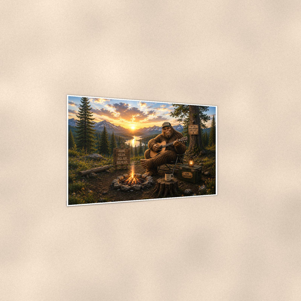 Campfire Guitar Bigfoot — 36x24 in art print poster, premium luster paper with a white border; gentle three-quarter angle on a warm wall, showing the flat paper edge.