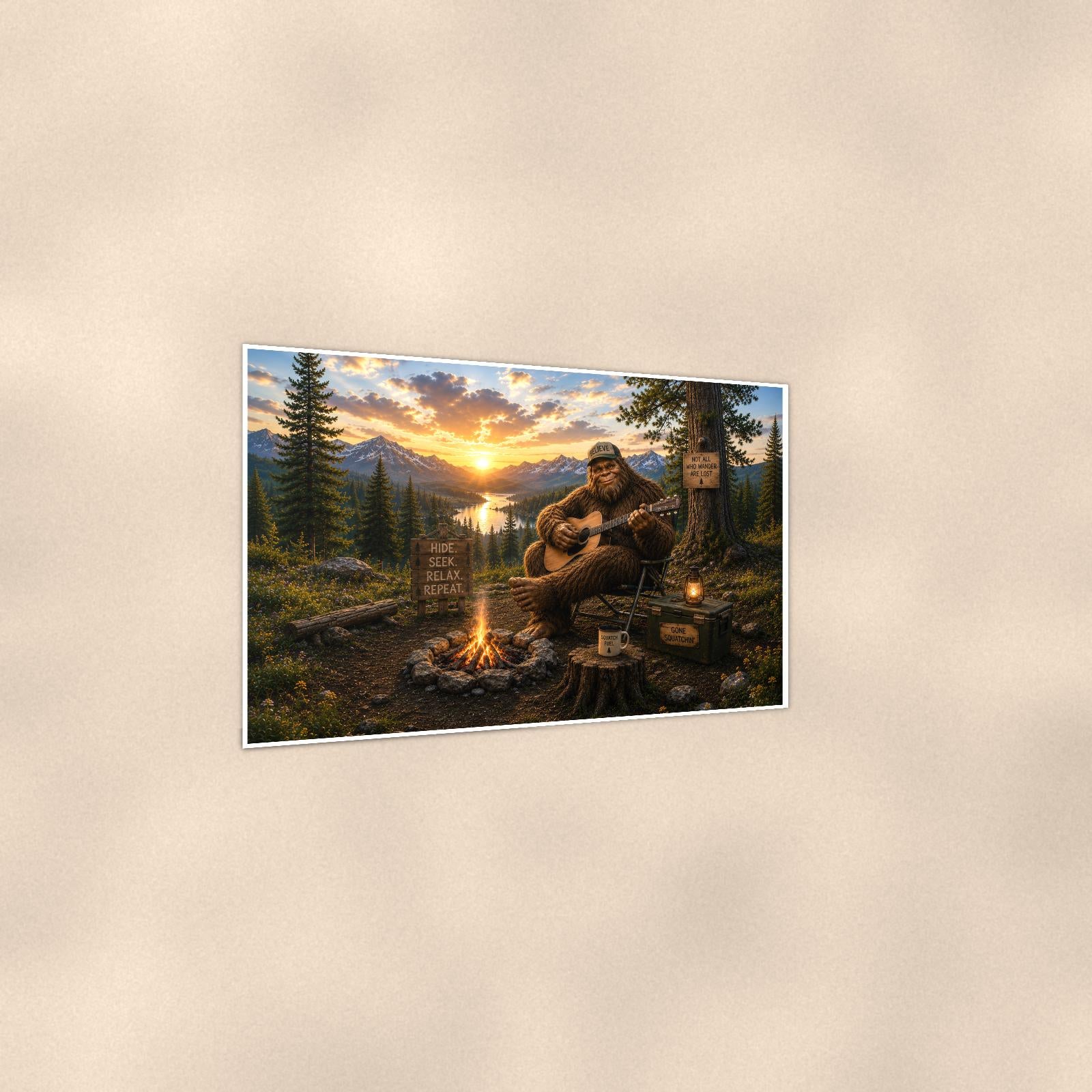 Campfire Guitar Bigfoot — 36x24 in art print poster, premium luster paper with a white border; gentle three-quarter angle on a warm wall, showing the flat paper edge.