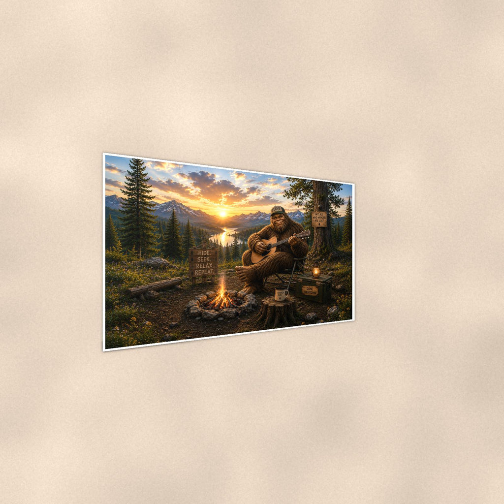 Campfire Guitar Bigfoot — 36x24 in art print poster, premium luster paper with a white border; steeper three-quarter angle on a warm wall, catching the luster sheen.