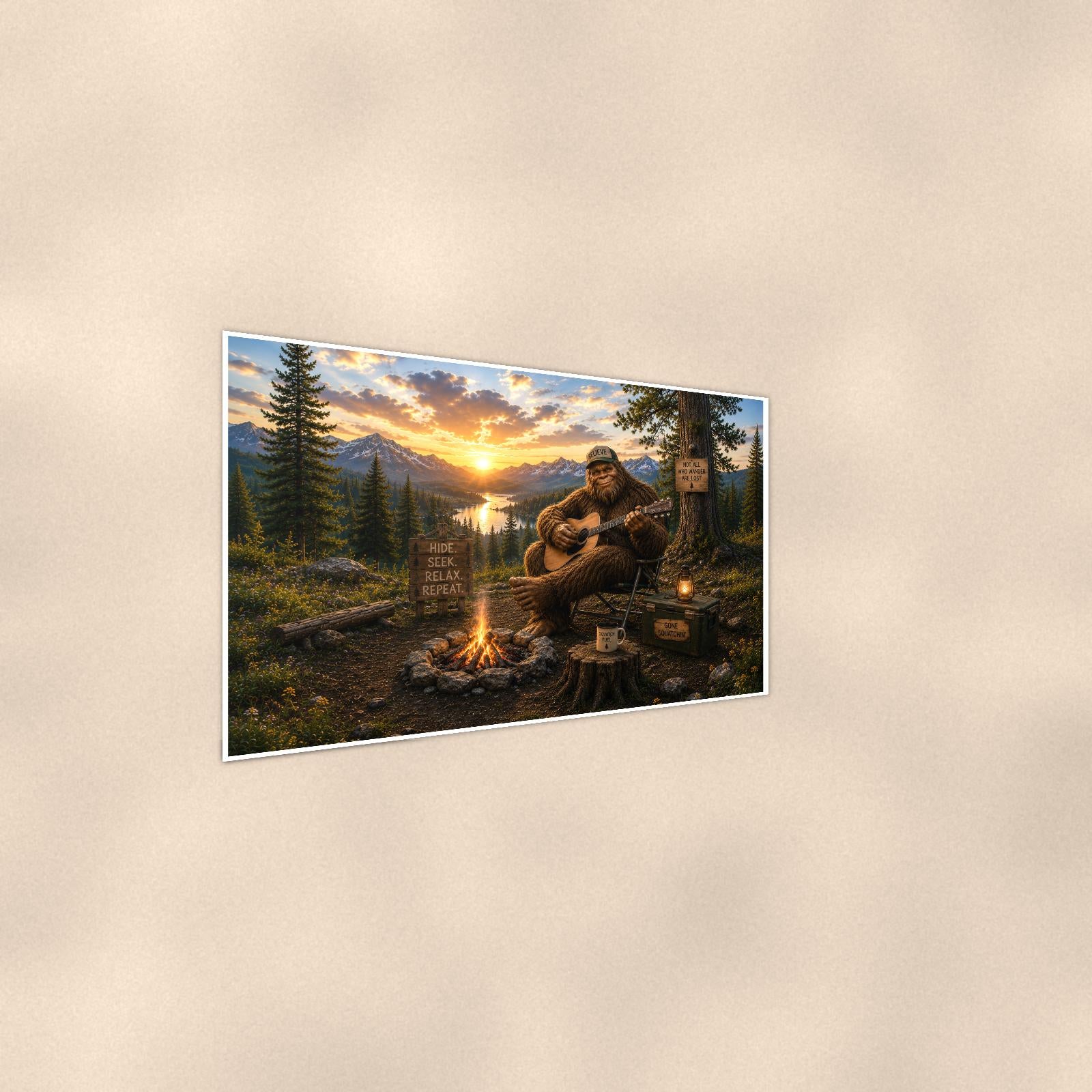 Campfire Guitar Bigfoot — 36x24 in art print poster, premium luster paper with a white border; steeper three-quarter angle on a warm wall, catching the luster sheen.