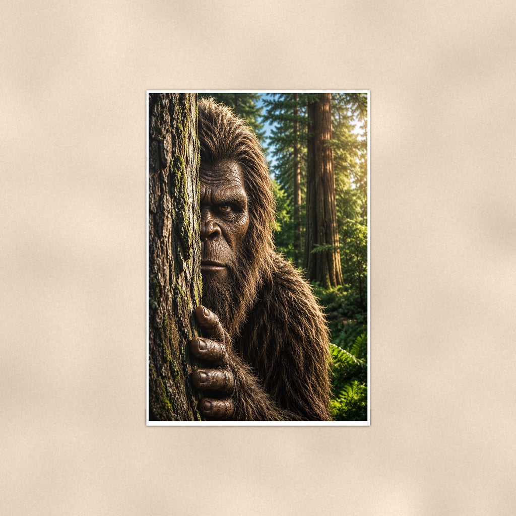 Redwood Peek Bigfoot — 24x36 in art print poster, premium luster paper with a white border; poster shown straight on against a warm wall.