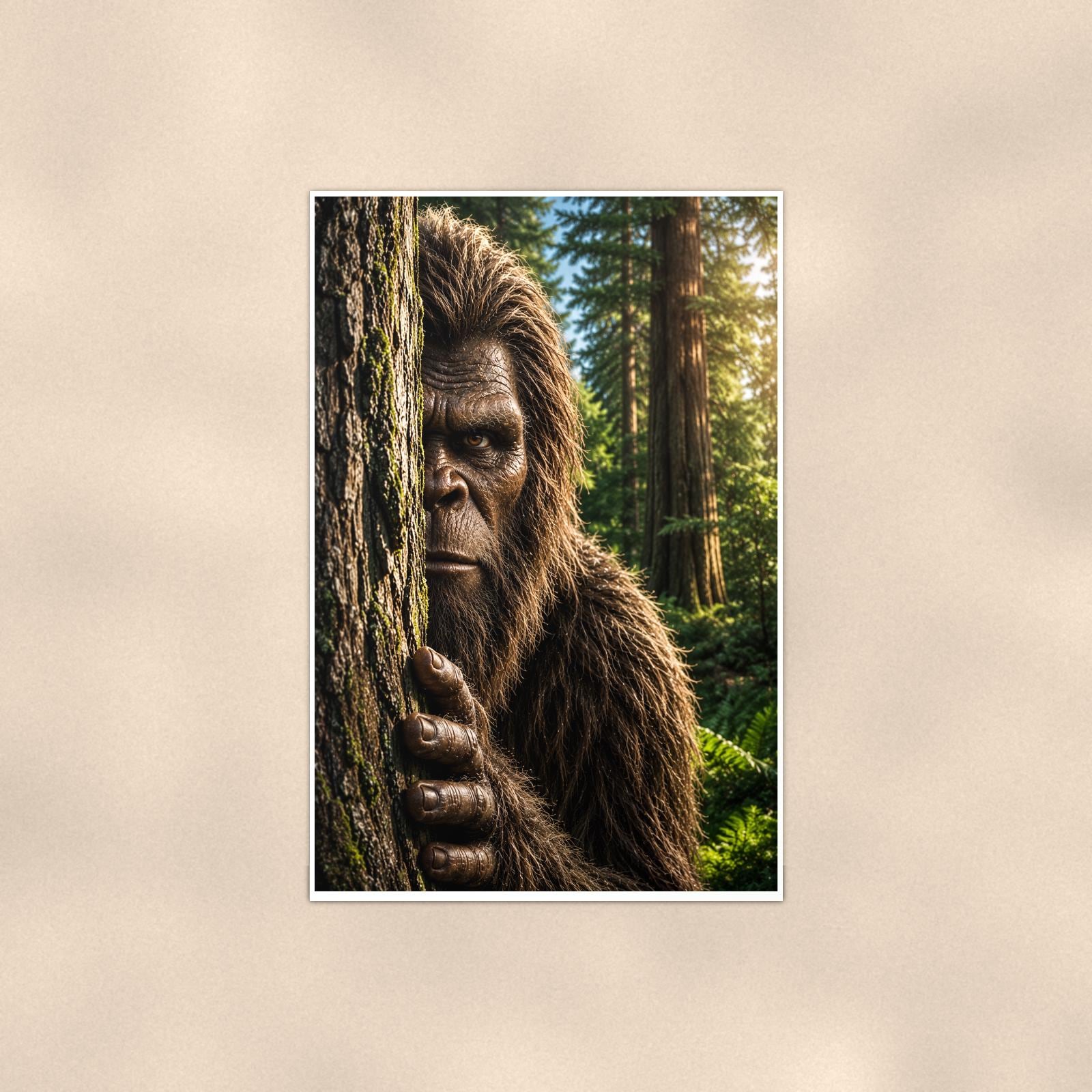 Redwood Peek Bigfoot — 24x36 in art print poster, premium luster paper with a white border; poster shown straight on against a warm wall.