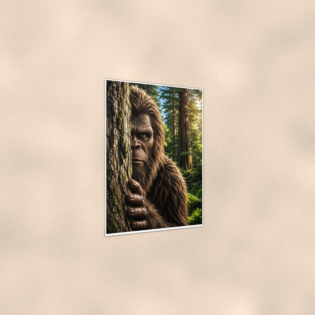 Redwood Peek Bigfoot — 24x36 in art print poster, premium luster paper with a white border; gentle three-quarter angle on a warm wall, showing the flat paper edge.