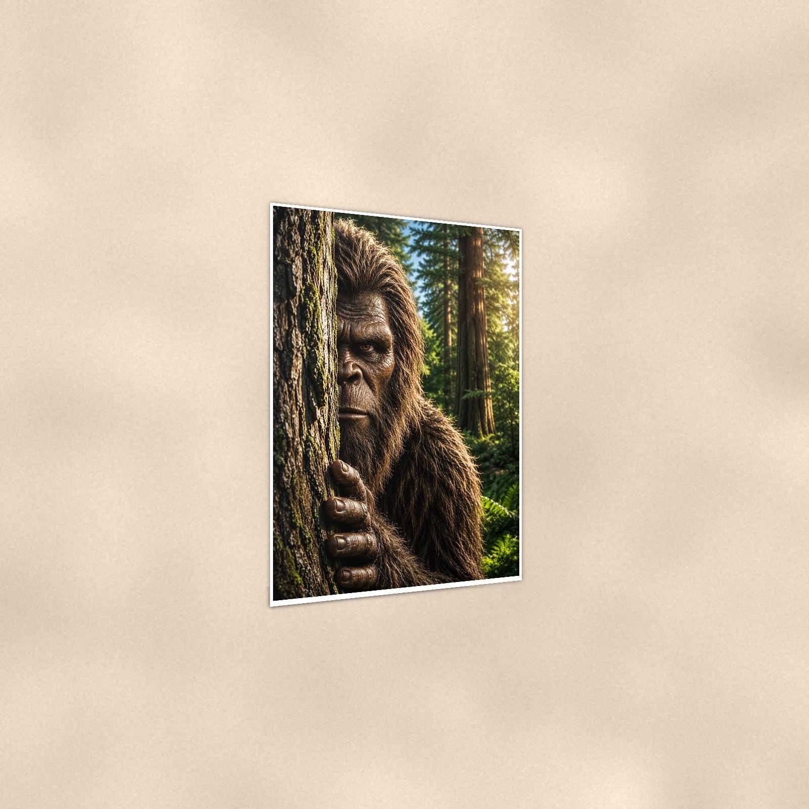 Redwood Peek Bigfoot — 24x36 in art print poster, premium luster paper with a white border; gentle three-quarter angle on a warm wall, showing the flat paper edge.