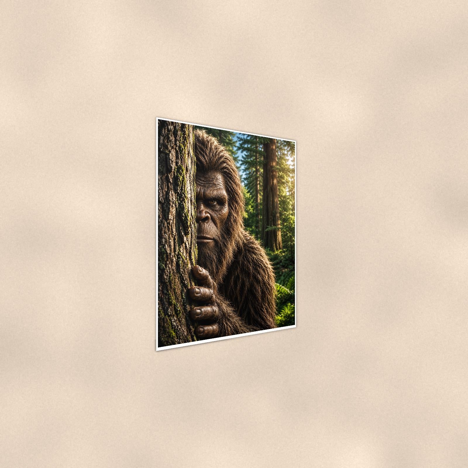 Redwood Peek Bigfoot — 24x36 in art print poster, premium luster paper with a white border; steeper three-quarter angle on a warm wall, catching the luster sheen.