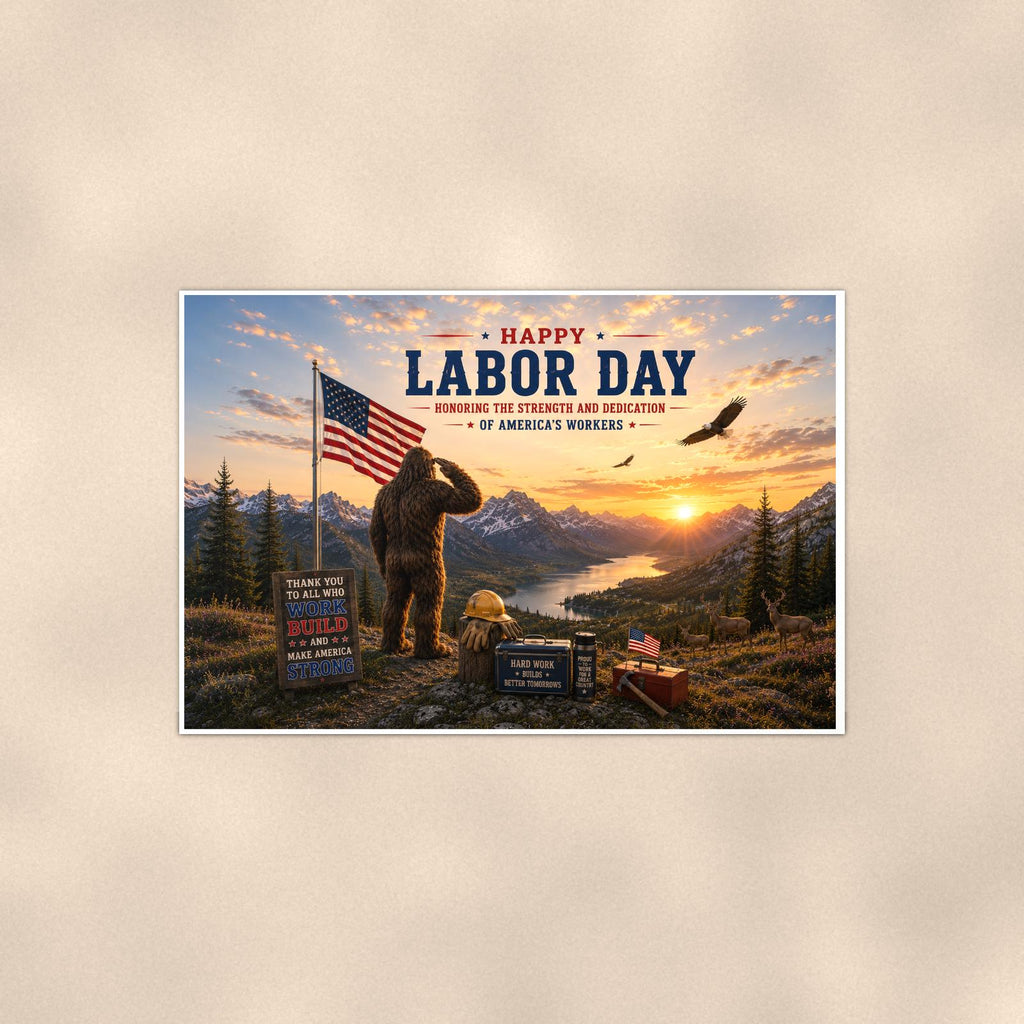 Labor Day Bigfoot — 36x24 in art print poster, premium luster paper with a white border; poster shown straight on against a warm wall.