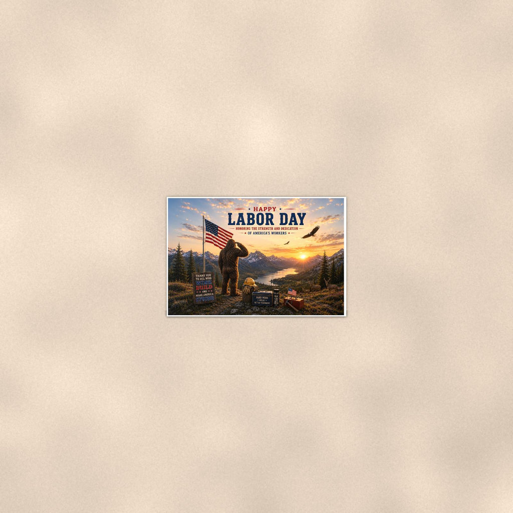 Labor Day Bigfoot — 36x24 in art print poster, premium luster paper with a white border; poster seen from further back, at true 24x36 in scale on a warm wall.