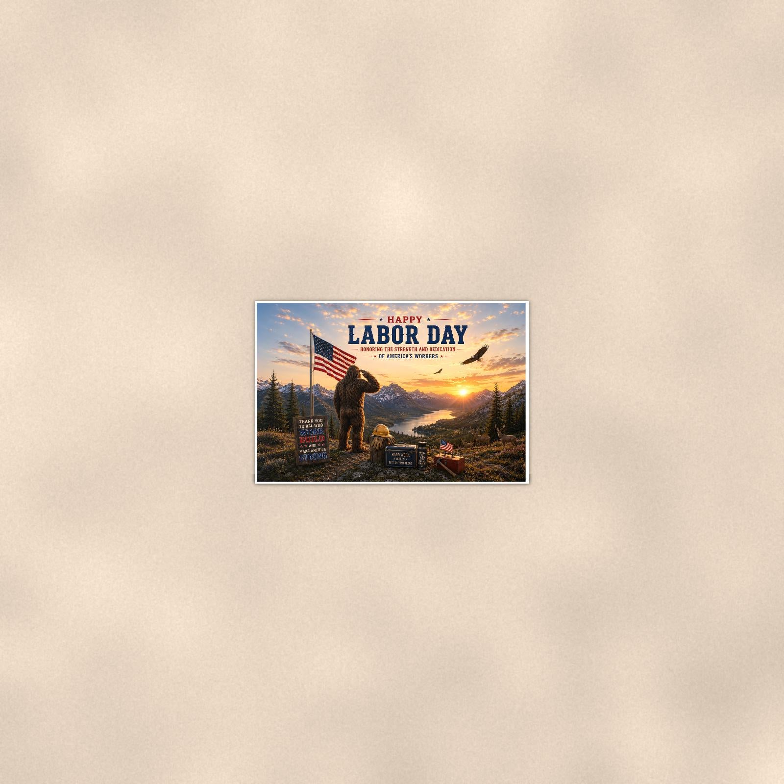 Labor Day Bigfoot — 36x24 in art print poster, premium luster paper with a white border; poster seen from further back, at true 24x36 in scale on a warm wall.
