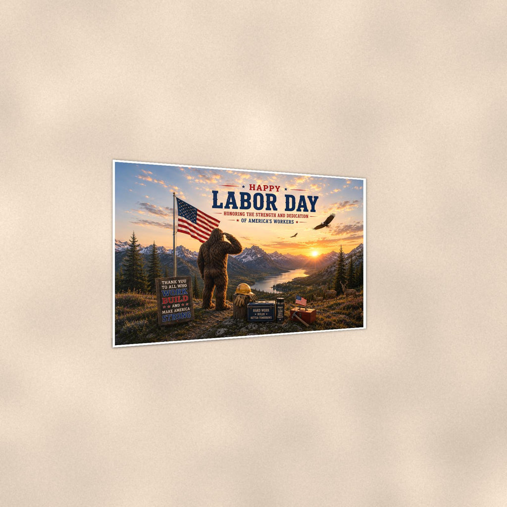 Labor Day Bigfoot — 36x24 in art print poster, premium luster paper with a white border; gentle three-quarter angle on a warm wall, showing the flat paper edge.