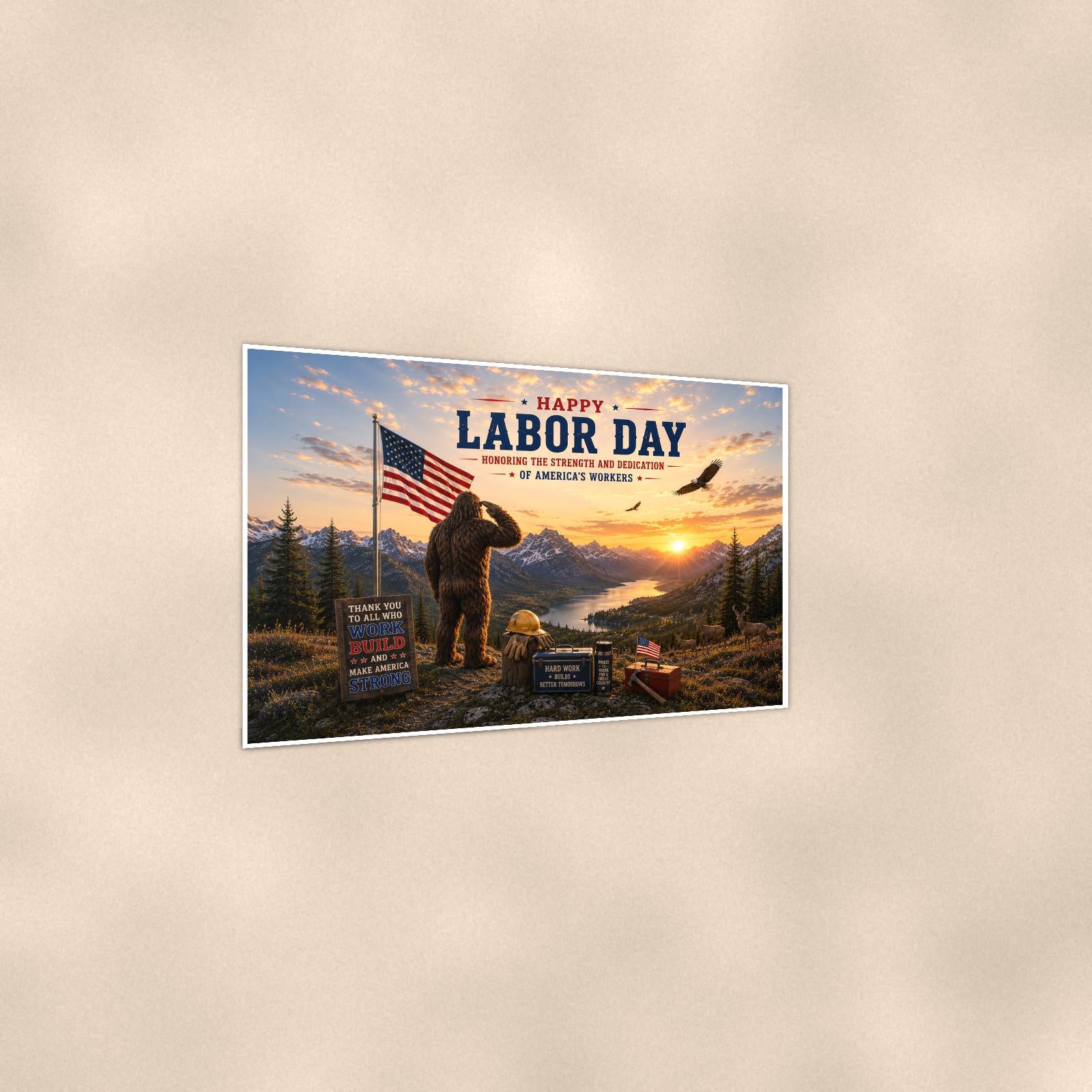 Labor Day Bigfoot — 36x24 in art print poster, premium luster paper with a white border; gentle three-quarter angle on a warm wall, showing the flat paper edge.