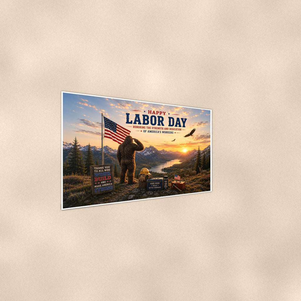 Labor Day Bigfoot — 36x24 in art print poster, premium luster paper with a white border; steeper three-quarter angle on a warm wall, catching the luster sheen.