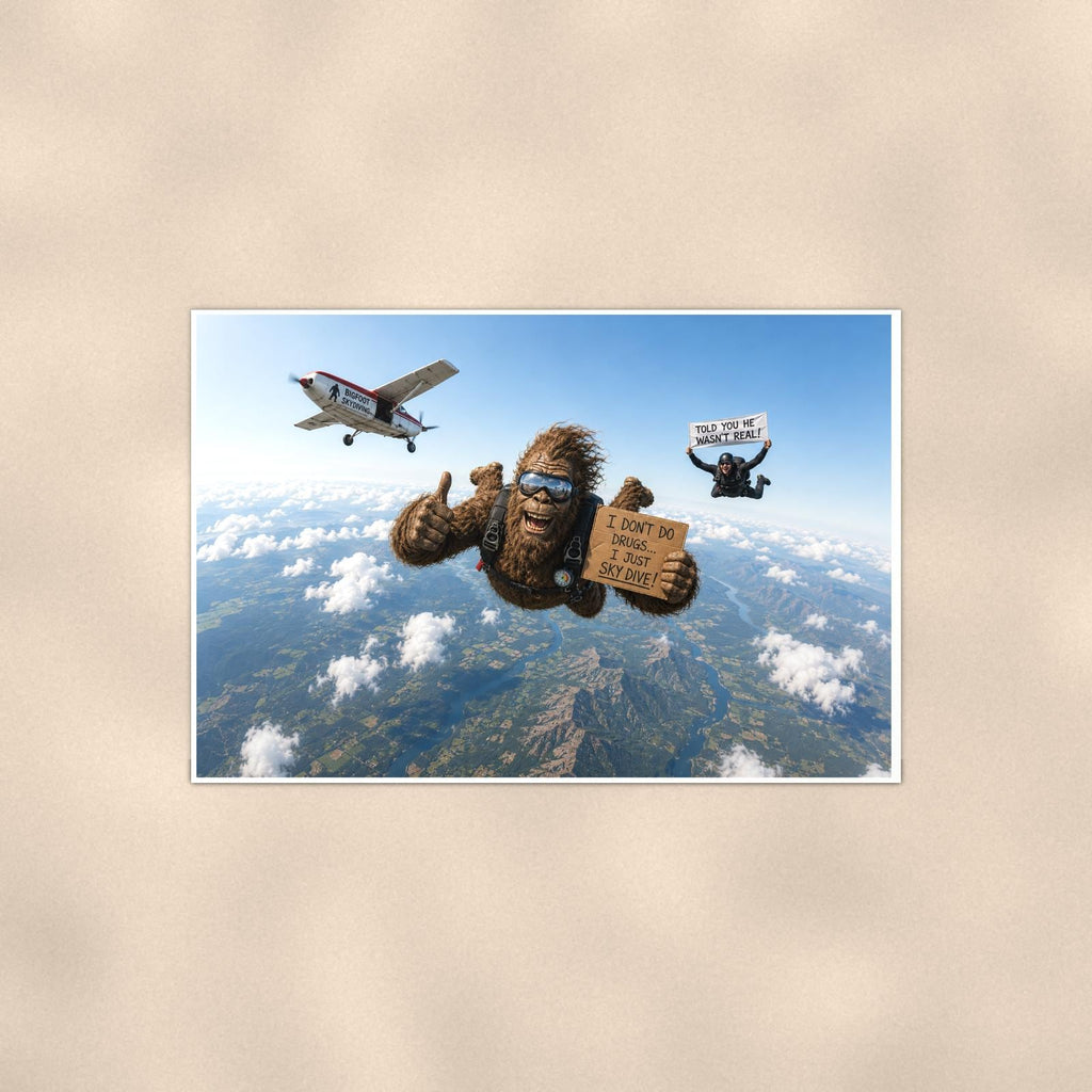 Skydiving Bigfoot — 36x24 in art print poster, premium luster paper with a white border; poster shown straight on against a warm wall.