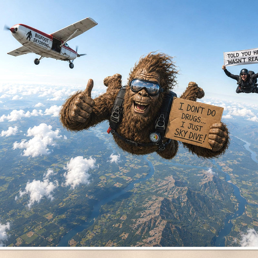 Skydiving Bigfoot — 36x24 in art print poster, premium luster paper with a white border; close-up framed on the main subject of the artwork, paper surface visible.