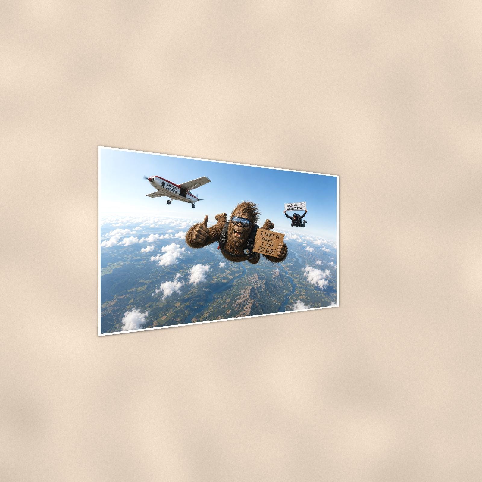 Skydiving Bigfoot — 36x24 in art print poster, premium luster paper with a white border; steeper three-quarter angle on a warm wall, catching the luster sheen.