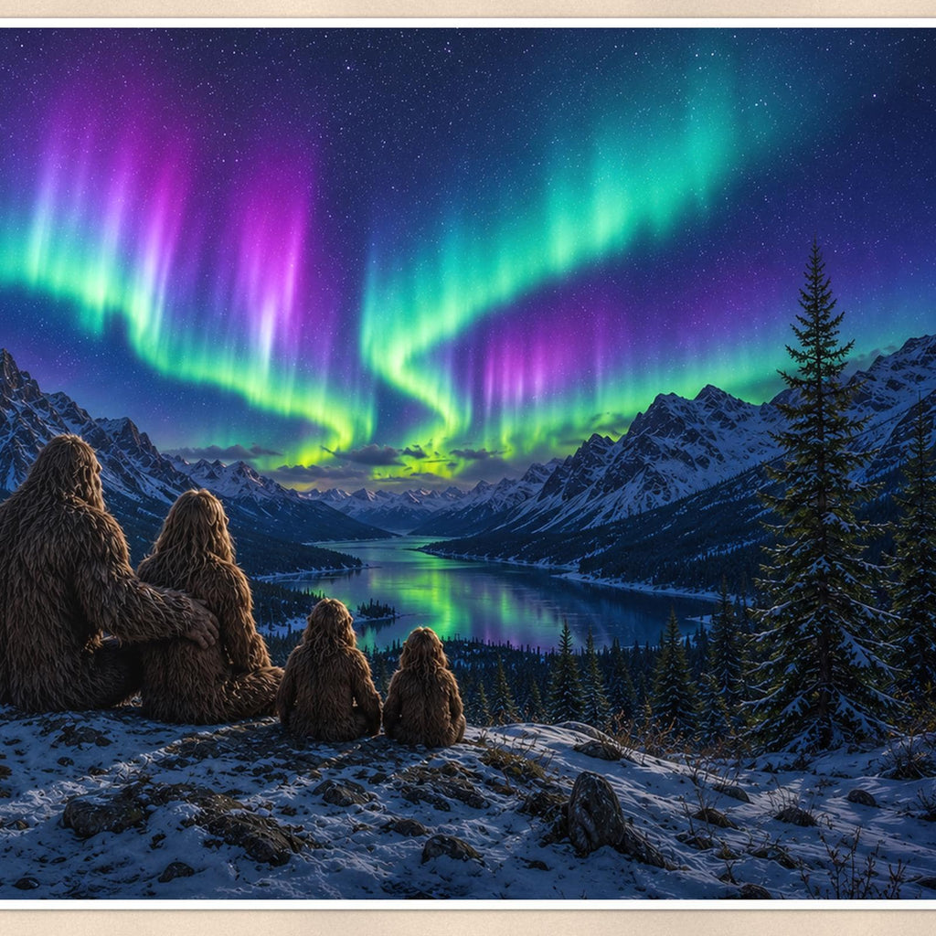 Northern Lights Bigfoot — 36x24 in art print poster, premium luster paper with a white border; close-up framed on the main subject of the artwork, paper surface visible.