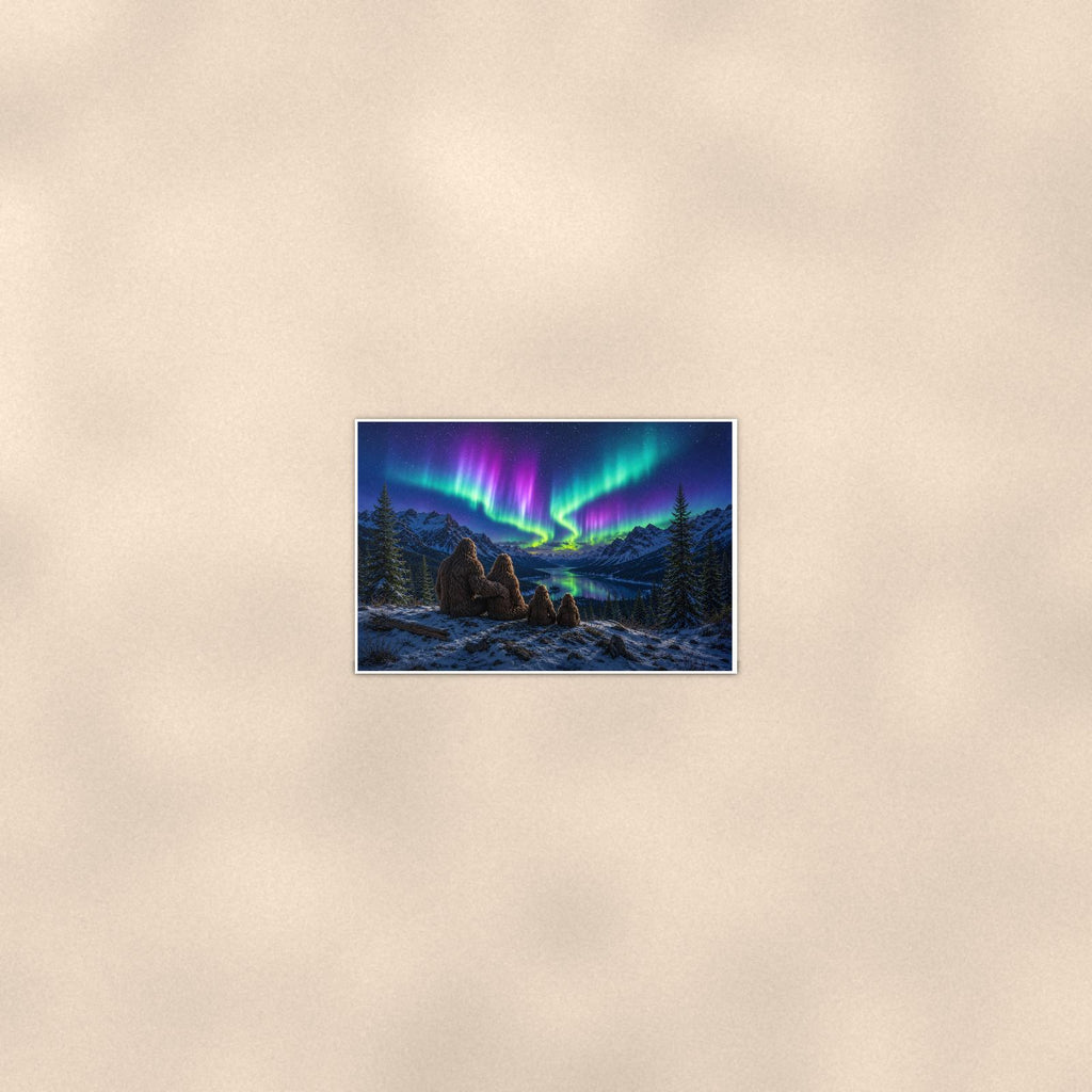 Northern Lights Bigfoot — 36x24 in art print poster, premium luster paper with a white border; poster seen from further back, at true 24x36 in scale on a warm wall.