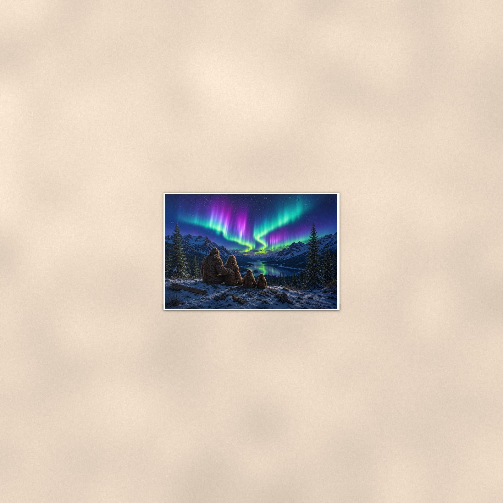 Northern Lights Bigfoot — 36x24 in art print poster, premium luster paper with a white border; poster seen from further back, at true 24x36 in scale on a warm wall.