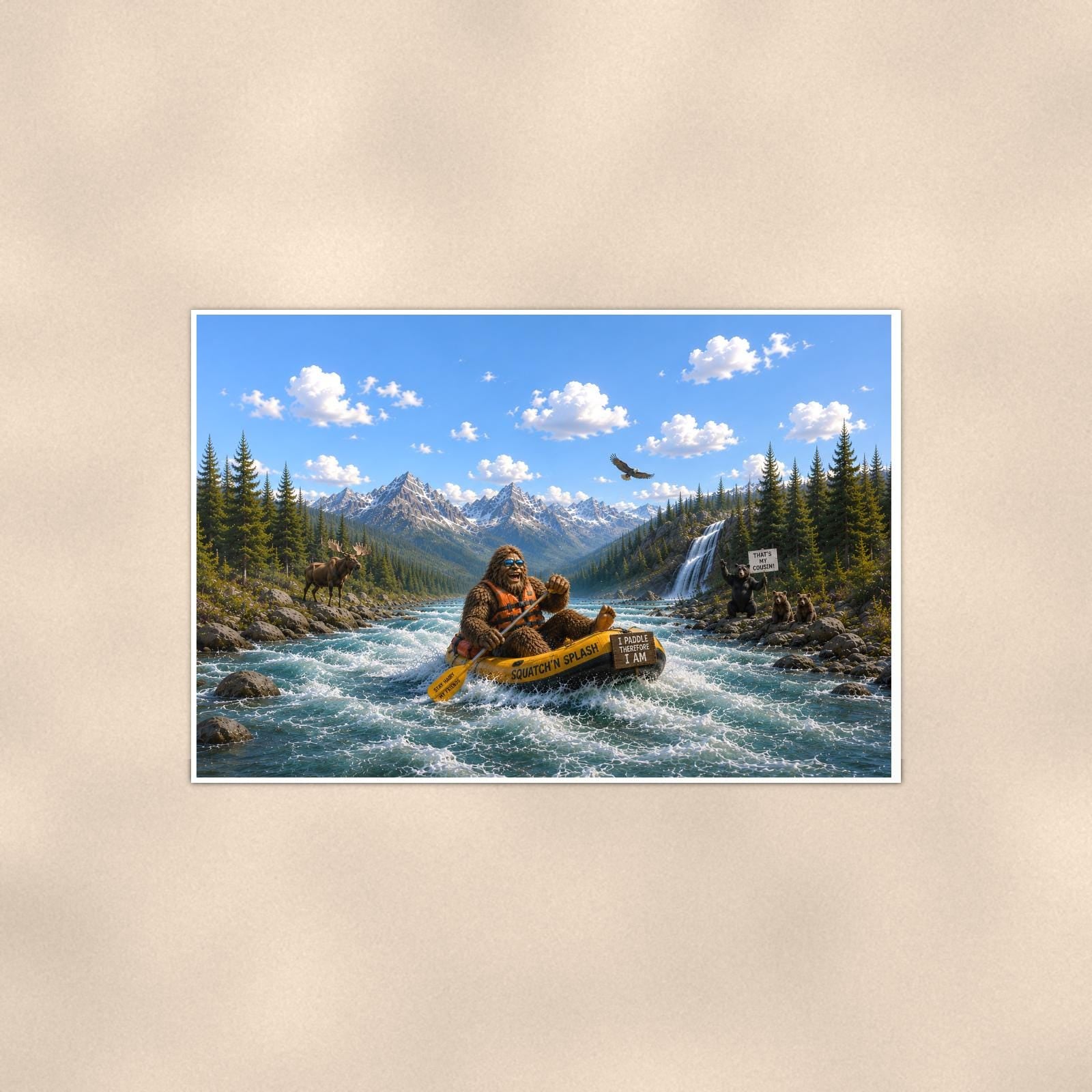 Whitewater Bigfoot — 36x24 in art print poster, premium luster paper with a white border; poster shown straight on against a warm wall.