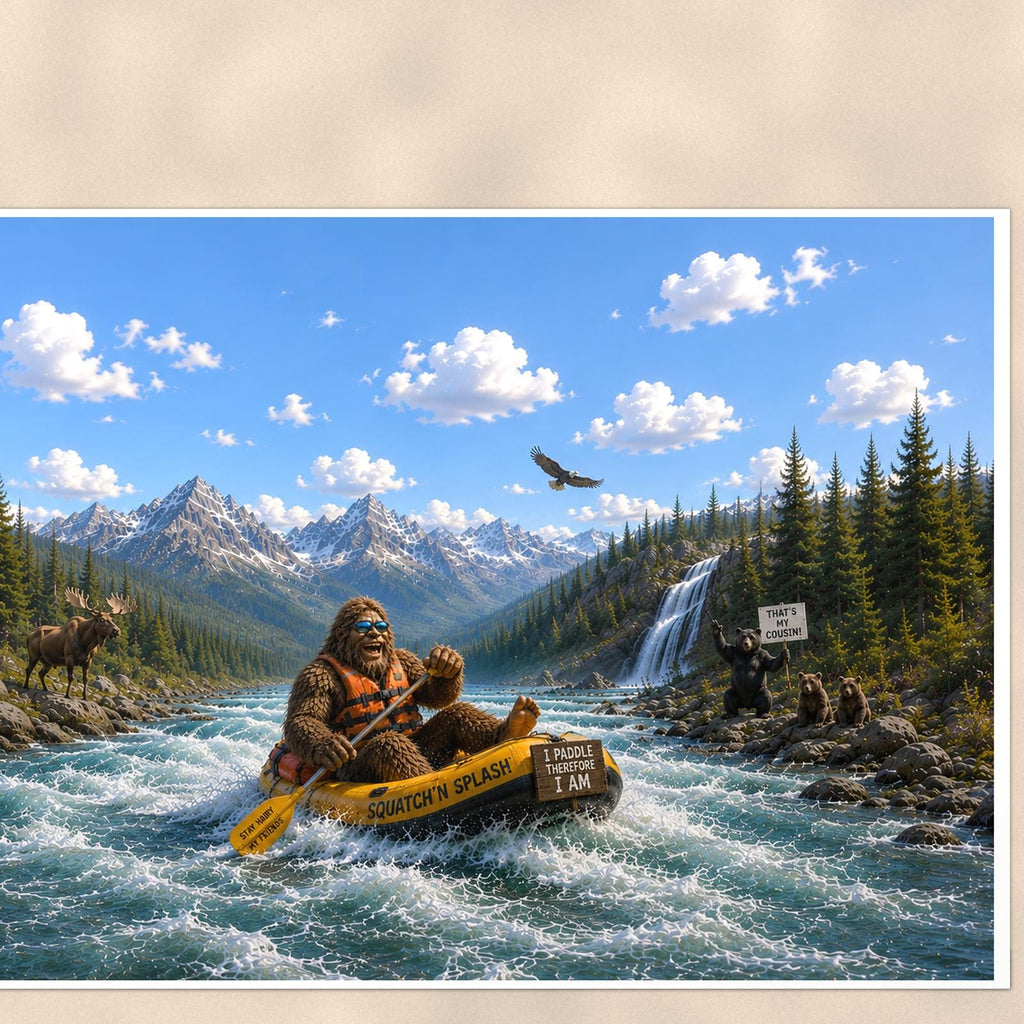 Whitewater Bigfoot — 36x24 in art print poster, premium luster paper with a white border; close-up framed on the main subject of the artwork, paper surface visible.