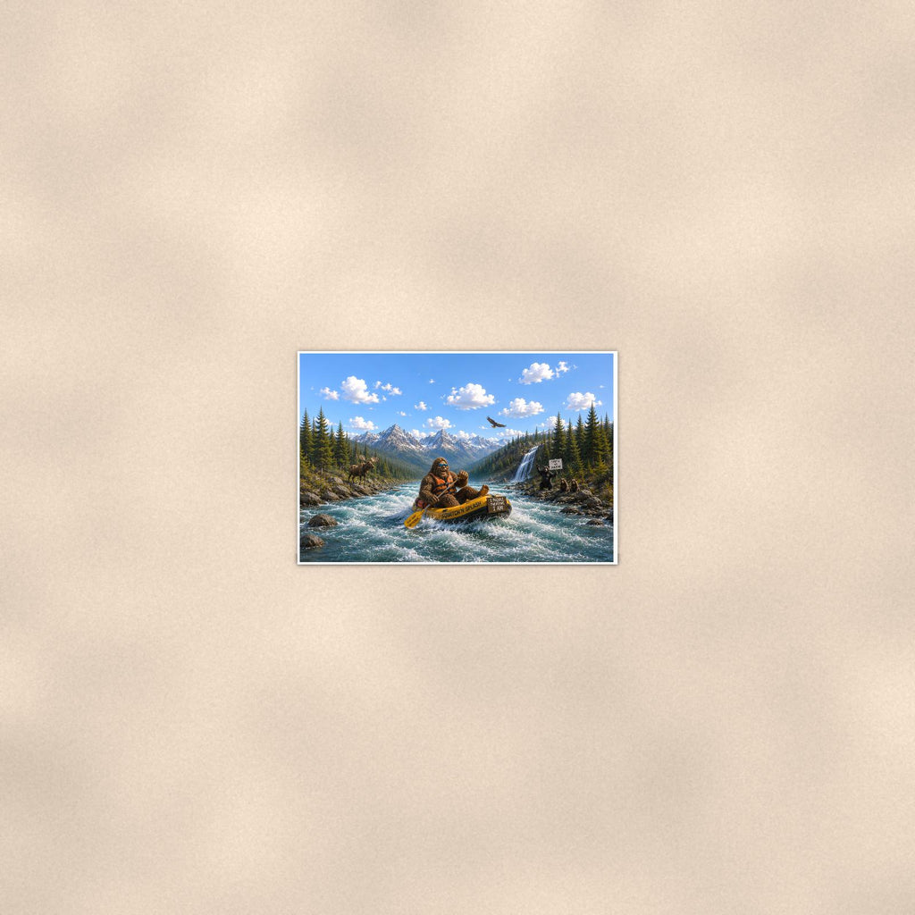 Whitewater Bigfoot — 36x24 in art print poster, premium luster paper with a white border; poster seen from further back, at true 24x36 in scale on a warm wall.