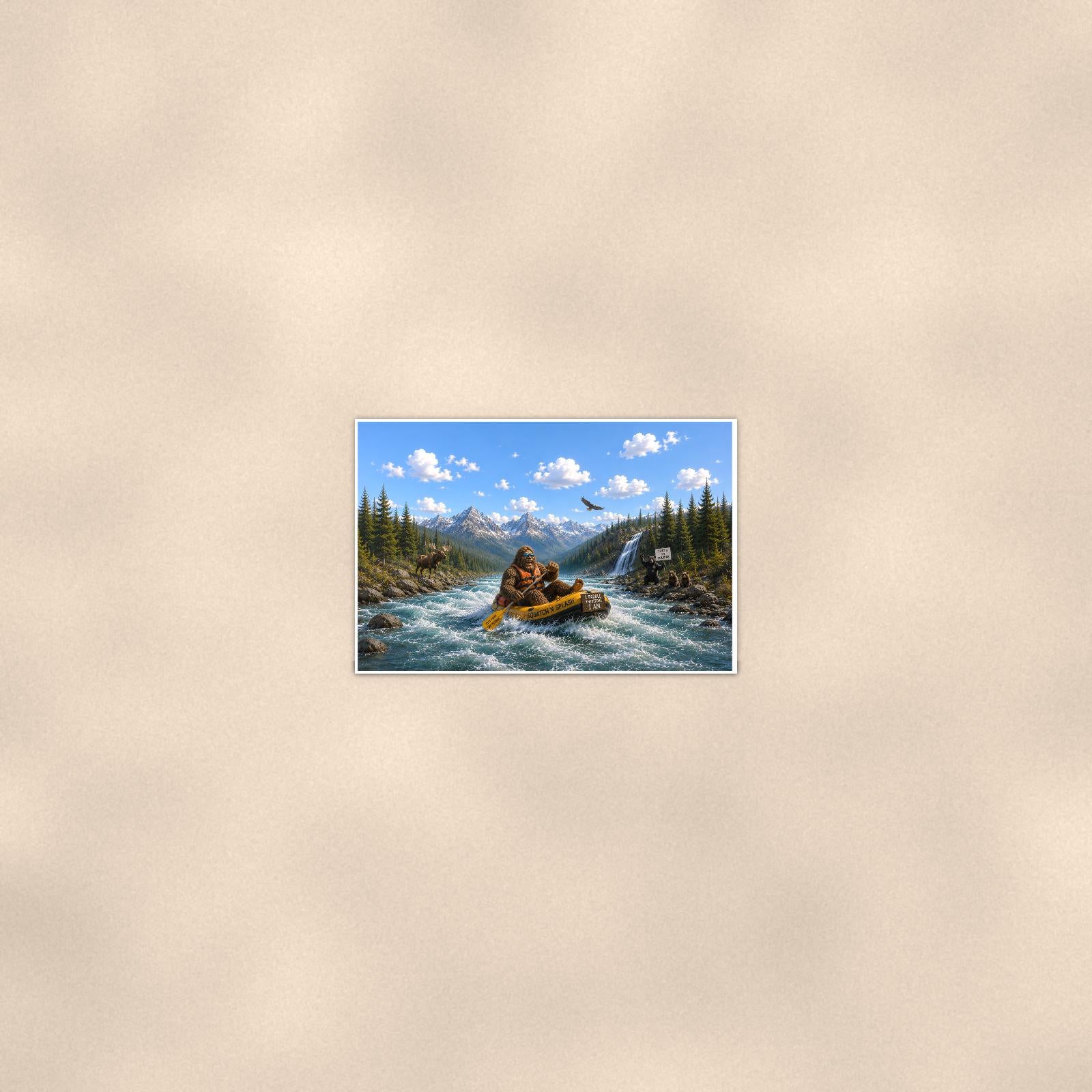 Whitewater Bigfoot — 36x24 in art print poster, premium luster paper with a white border; poster seen from further back, at true 24x36 in scale on a warm wall.