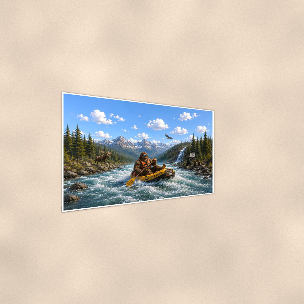 Whitewater Bigfoot — 36x24 in art print poster, premium luster paper with a white border; steeper three-quarter angle on a warm wall, catching the luster sheen.