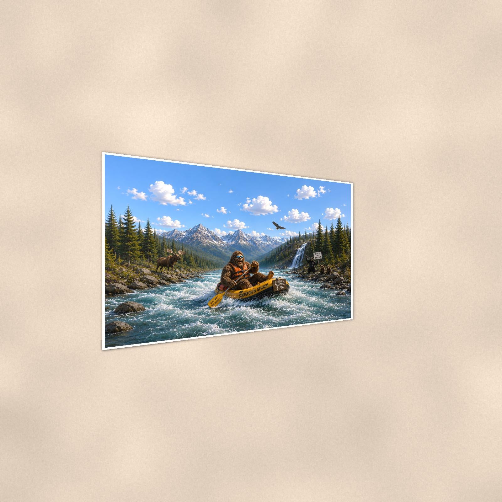 Whitewater Bigfoot — 36x24 in art print poster, premium luster paper with a white border; steeper three-quarter angle on a warm wall, catching the luster sheen.