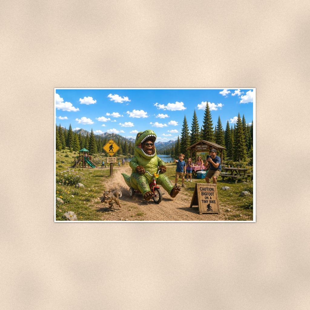 Dino Trike Bigfoot — 36x24 in art print poster, premium luster paper with a white border; poster shown straight on against a warm wall.