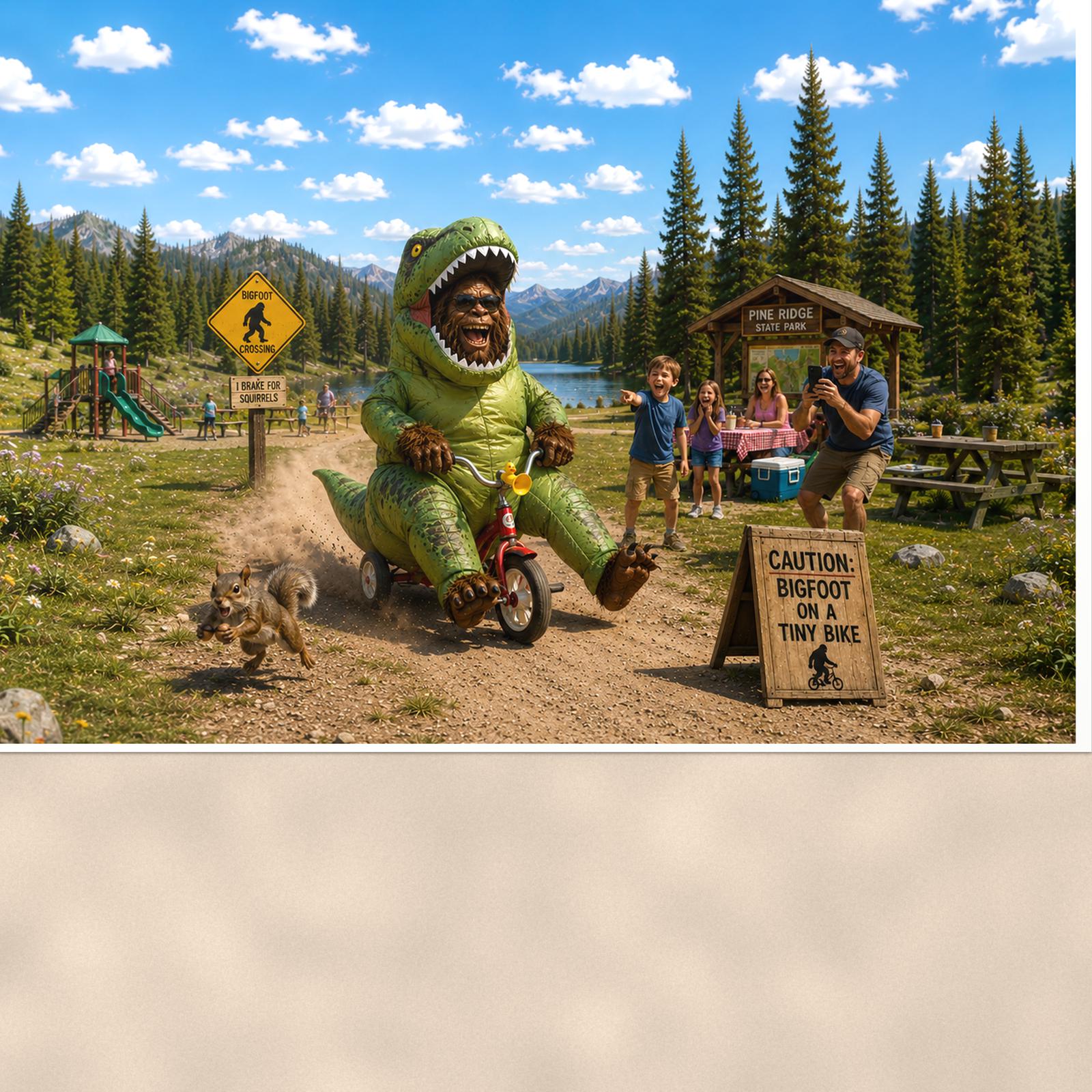 Dino Trike Bigfoot — 36x24 in art print poster, premium luster paper with a white border; close-up framed on the main subject of the artwork, paper surface visible.