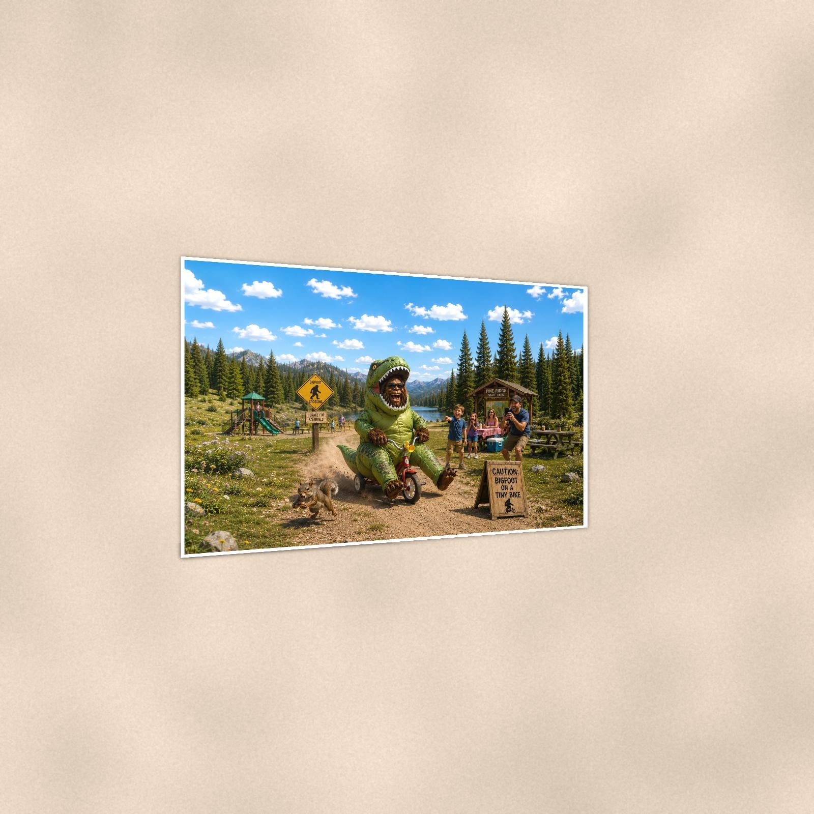 Dino Trike Bigfoot — 36x24 in art print poster, premium luster paper with a white border; gentle three-quarter angle on a warm wall, showing the flat paper edge.