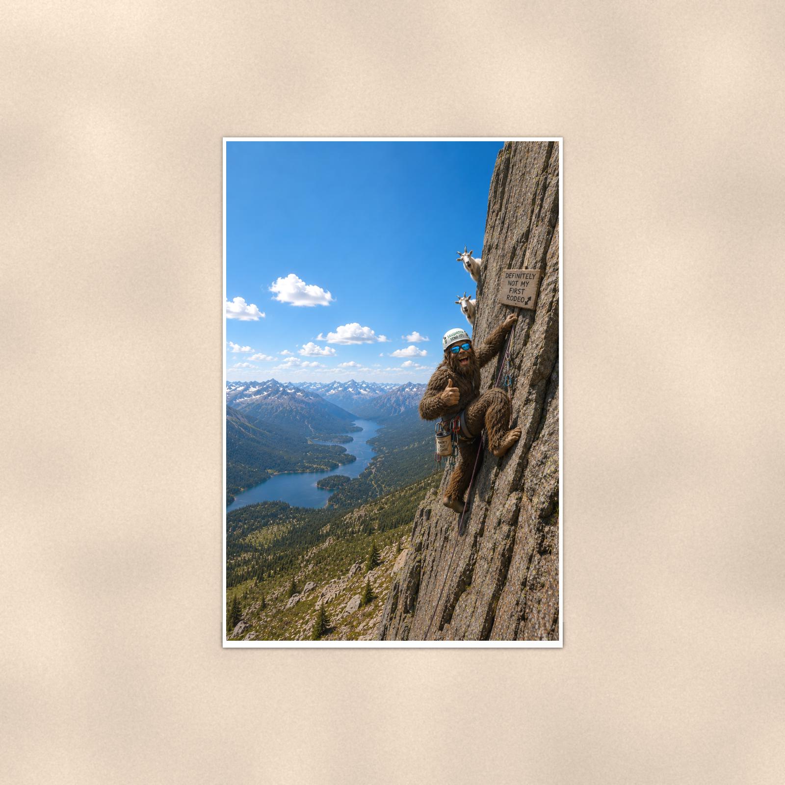 Rock Climber Bigfoot — 24x36 in art print poster, premium luster paper with a white border; poster shown straight on against a warm wall.