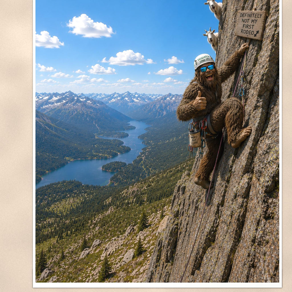 Rock Climber Bigfoot — 24x36 in art print poster, premium luster paper with a white border; close-up framed on the main subject of the artwork, paper surface visible.