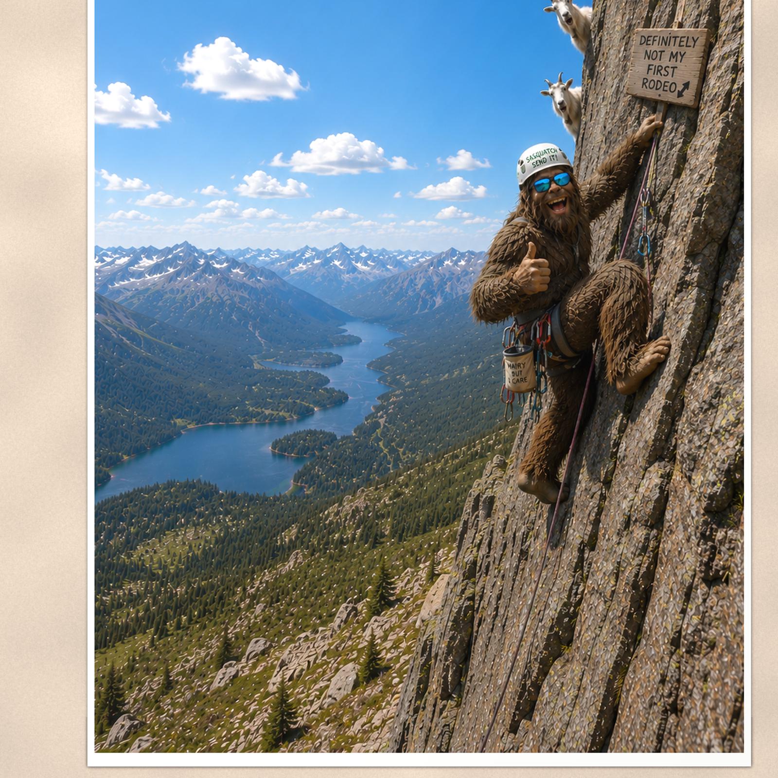 Rock Climber Bigfoot — 24x36 in art print poster, premium luster paper with a white border; close-up framed on the main subject of the artwork, paper surface visible.