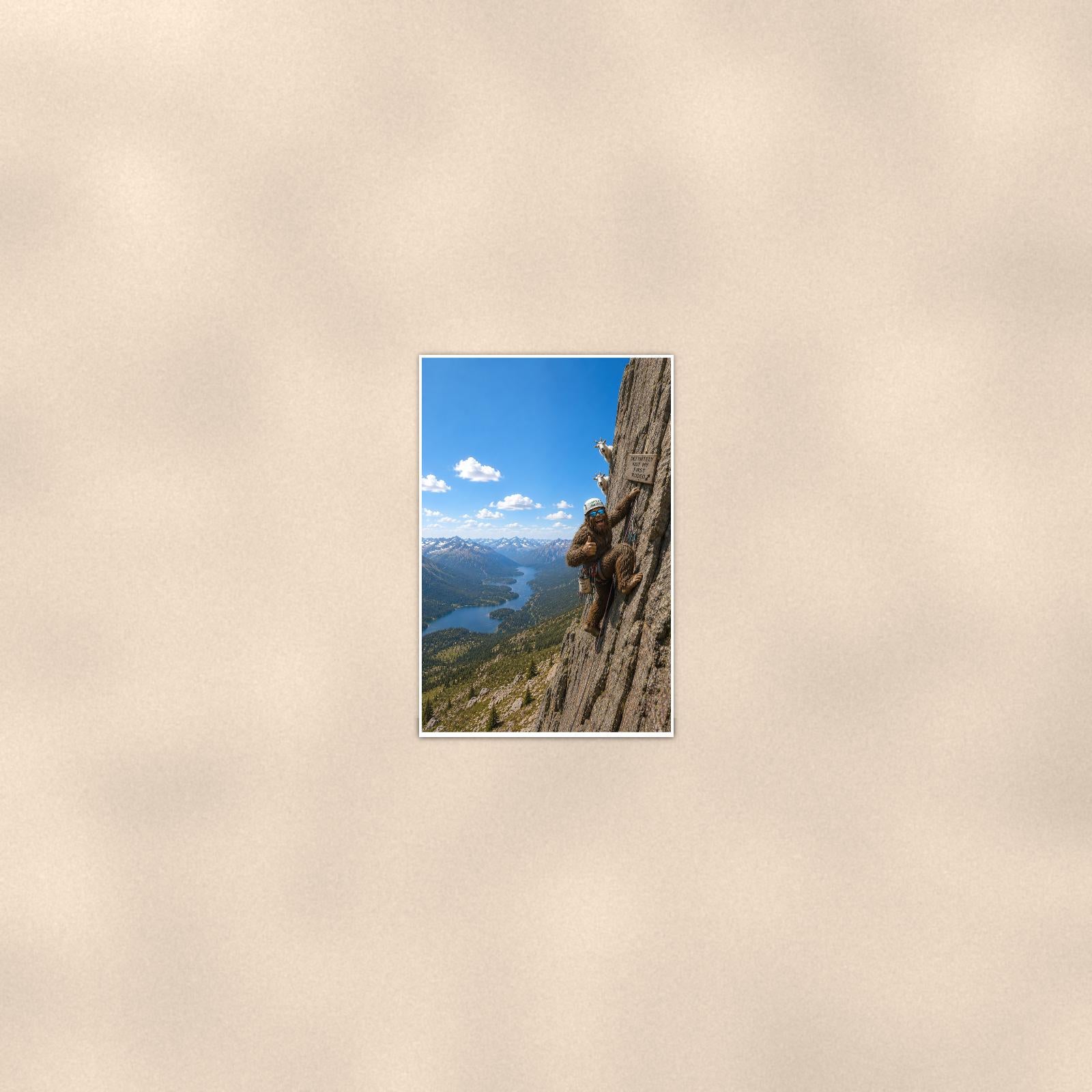 Rock Climber Bigfoot — 24x36 in art print poster, premium luster paper with a white border; poster seen from further back, at true 24x36 in scale on a warm wall.