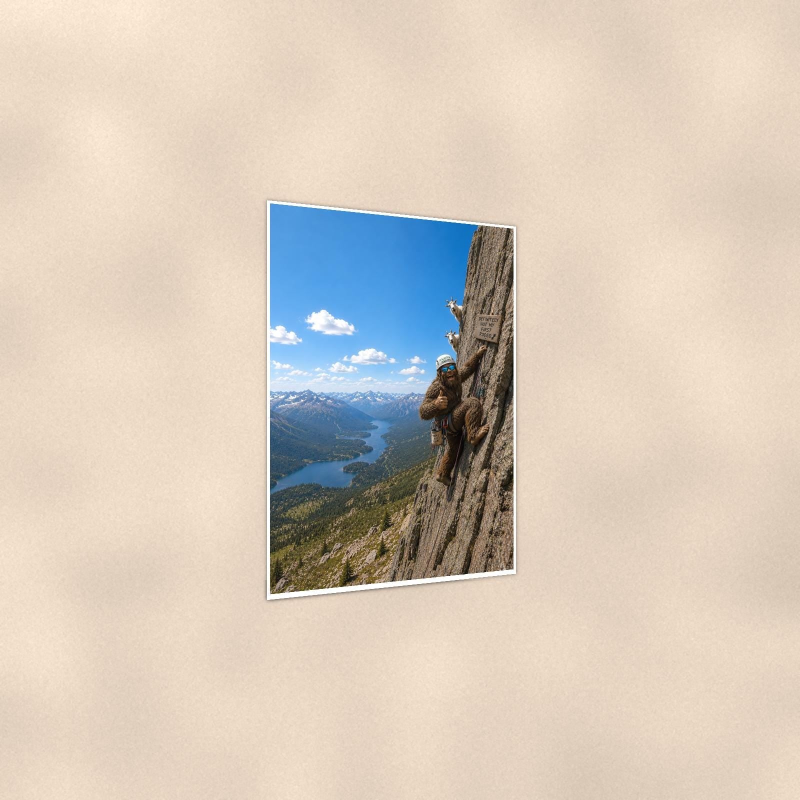 Rock Climber Bigfoot — 24x36 in art print poster, premium luster paper with a white border; gentle three-quarter angle on a warm wall, showing the flat paper edge.