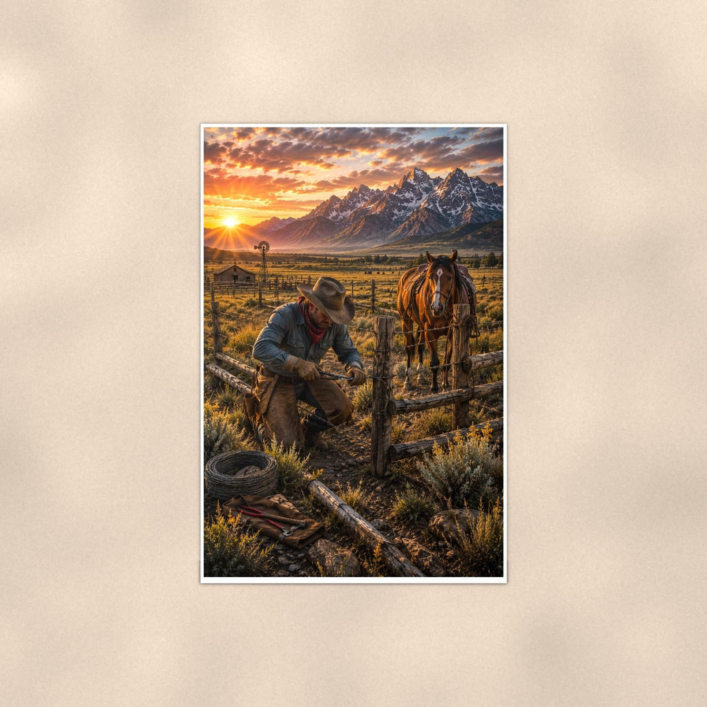 Ranch Fence Cowboy — 24x36 in art print poster, premium luster paper with a white border; poster shown straight on against a warm wall.