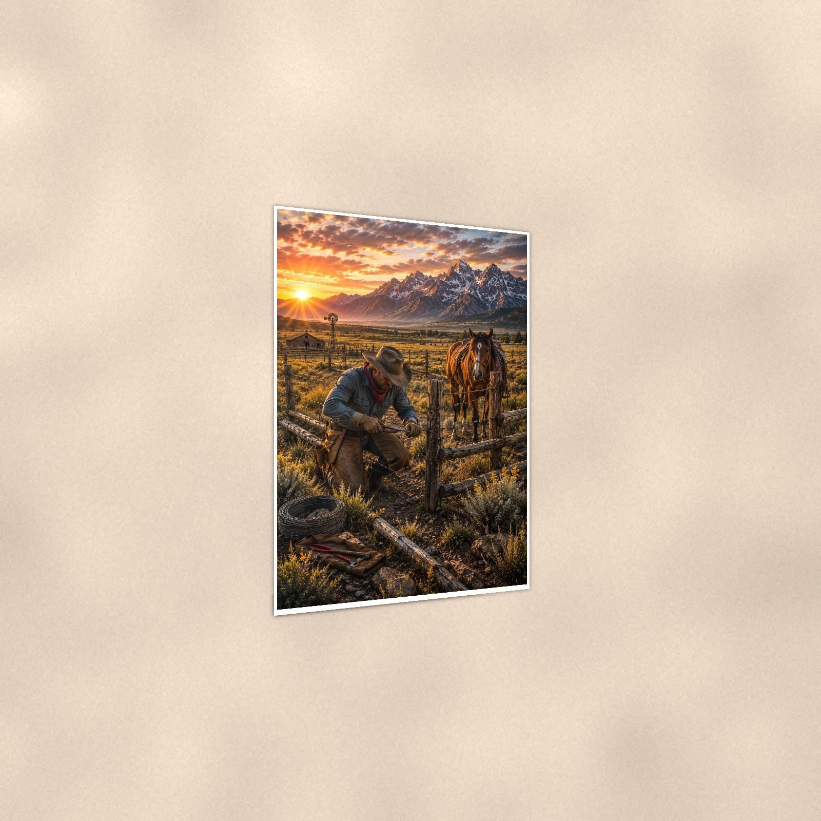 Ranch Fence Cowboy — 24x36 in art print poster, premium luster paper with a white border; gentle three-quarter angle on a warm wall, showing the flat paper edge.