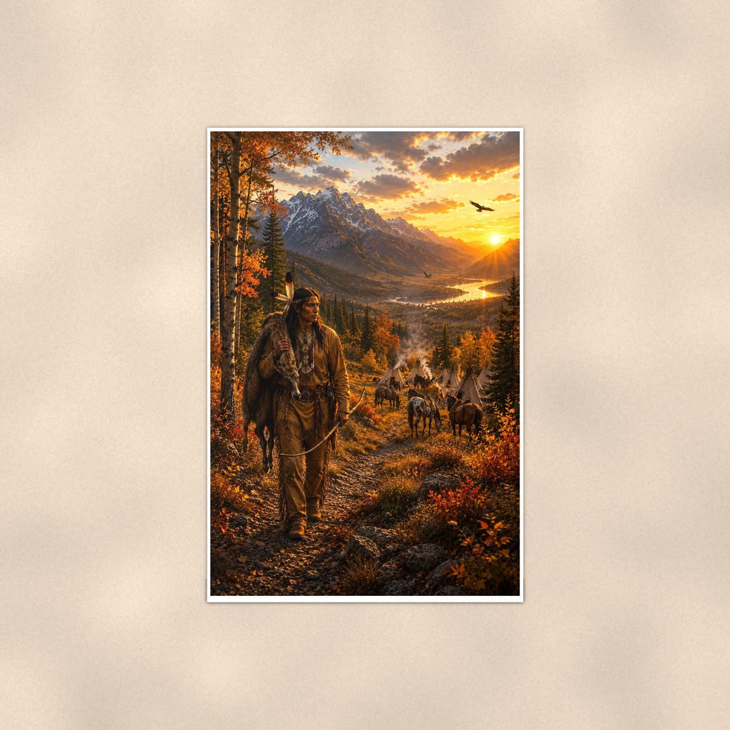 Native American Hunter and Teepees — 24x36 in art print poster, premium luster paper with a white border; poster shown straight on against a warm wall.