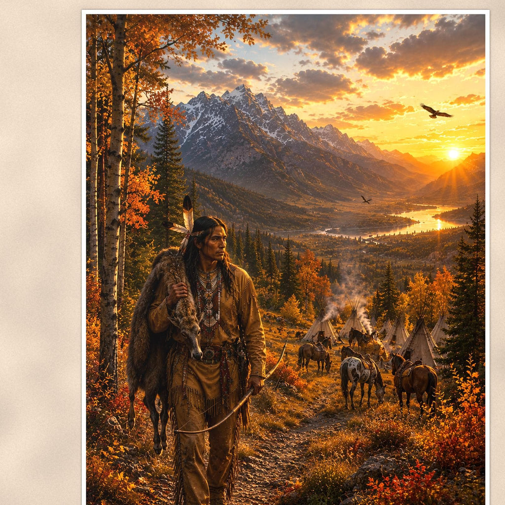 Native American Hunter and Teepees — 24x36 in art print poster, premium luster paper with a white border; close-up framed on the main subject of the artwork, paper surface visible.