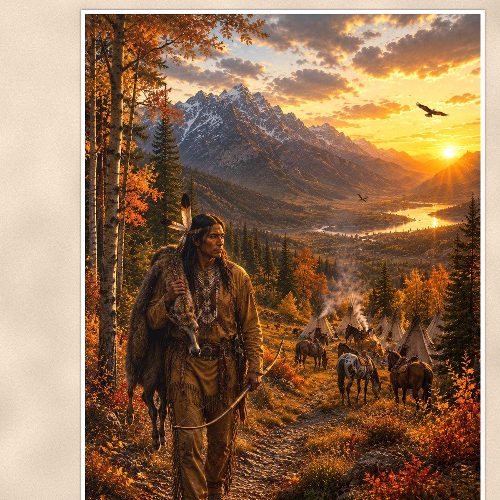 Native American Hunter and Teepees — 24x36 in art print poster, premium luster paper with a white border; close-up framed on the main subject of the artwork, paper surface visible.