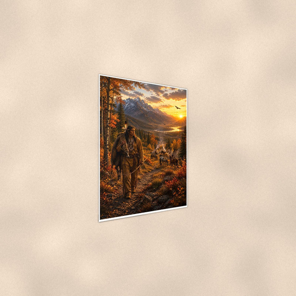Native American Hunter and Teepees — 24x36 in art print poster, premium luster paper with a white border; steeper three-quarter angle on a warm wall, catching the luster sheen.