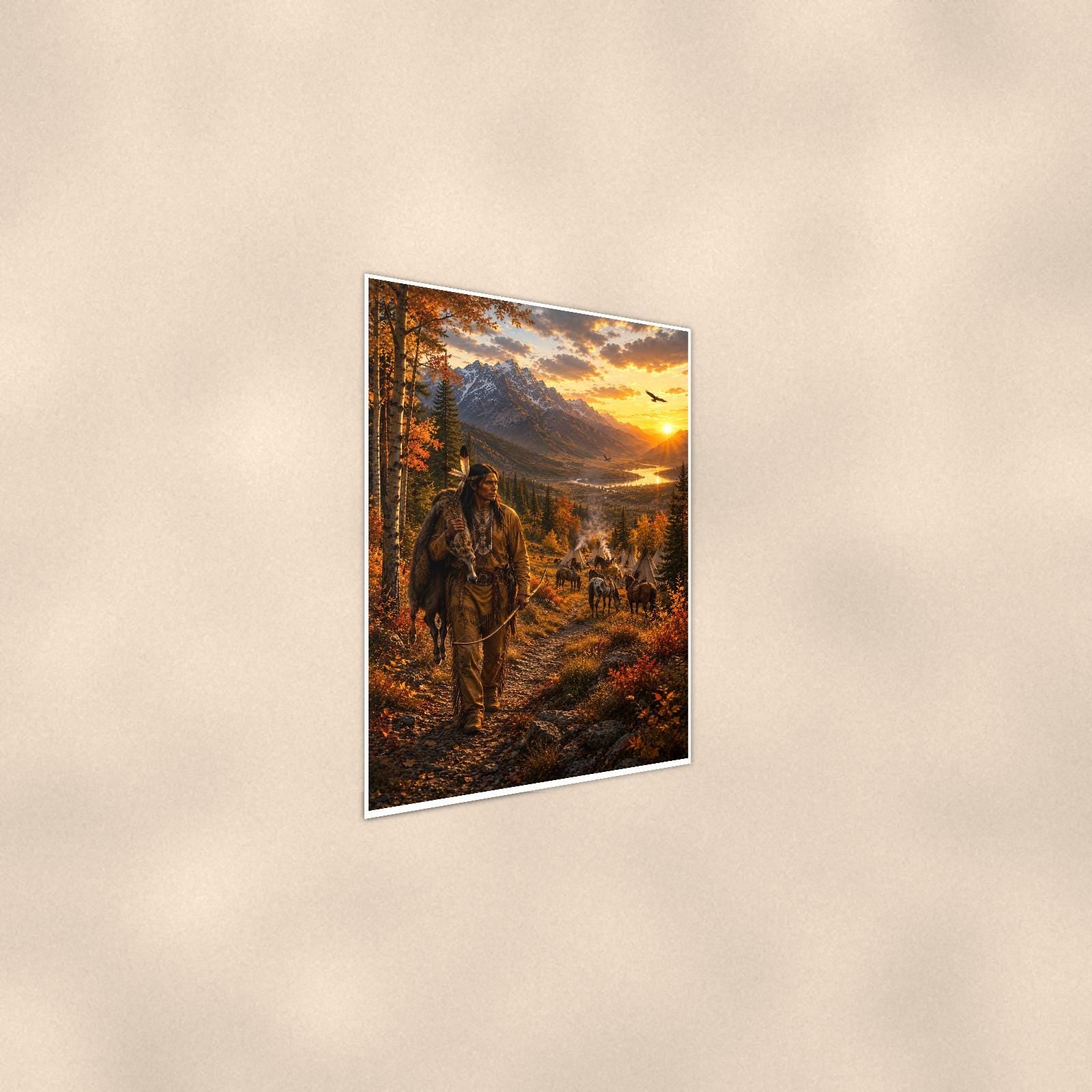 Native American Hunter and Teepees — 24x36 in art print poster, premium luster paper with a white border; steeper three-quarter angle on a warm wall, catching the luster sheen.