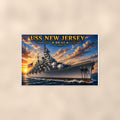 USS New Jersey Battleship — 36x24 in art print poster, premium luster paper with a white border; poster shown straight on against a warm wall.