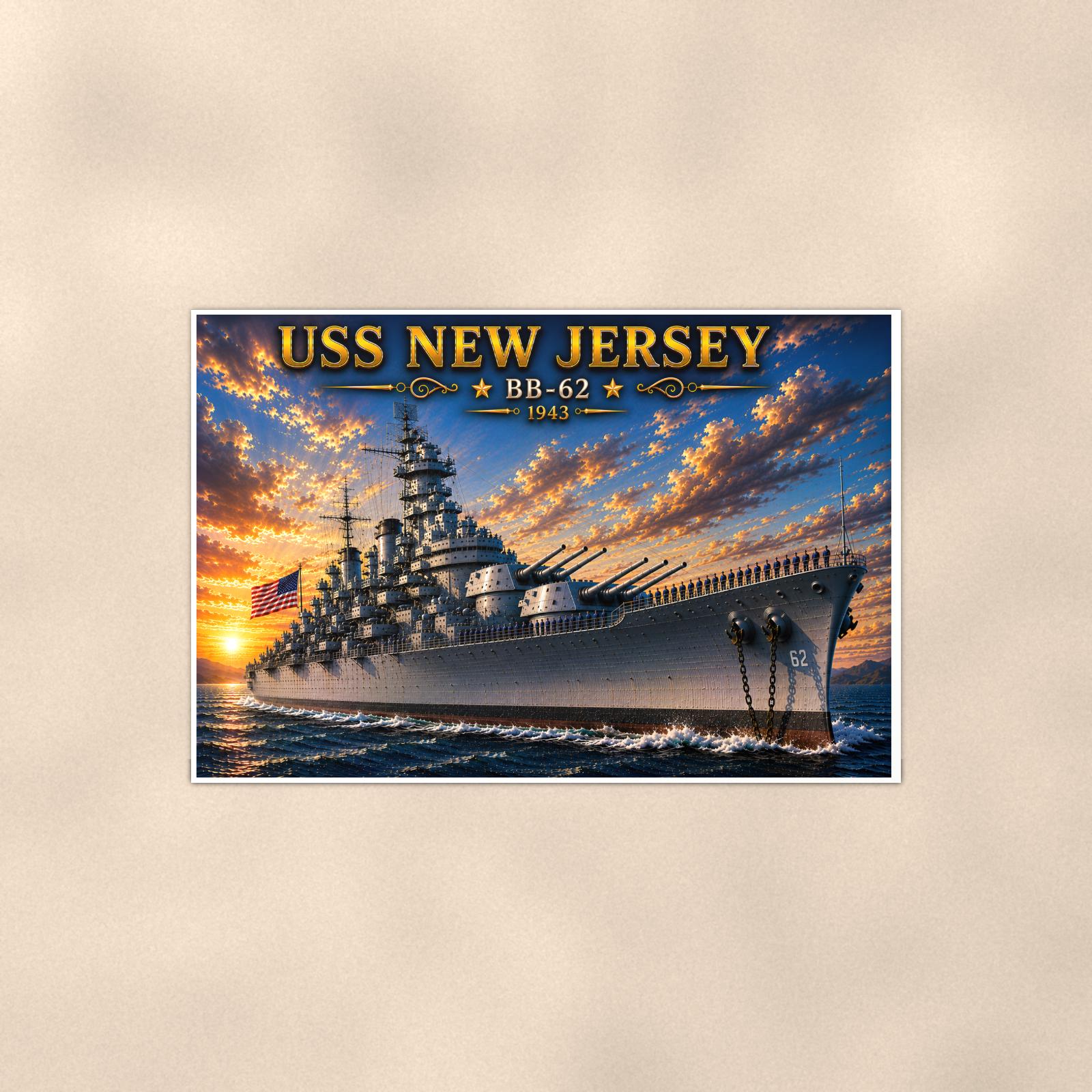 USS New Jersey Battleship — 36x24 in art print poster, premium luster paper with a white border; poster shown straight on against a warm wall.