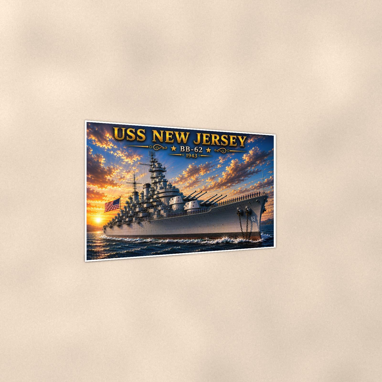 USS New Jersey Battleship — 36x24 in art print poster, premium luster paper with a white border; gentle three-quarter angle on a warm wall, showing the flat paper edge.