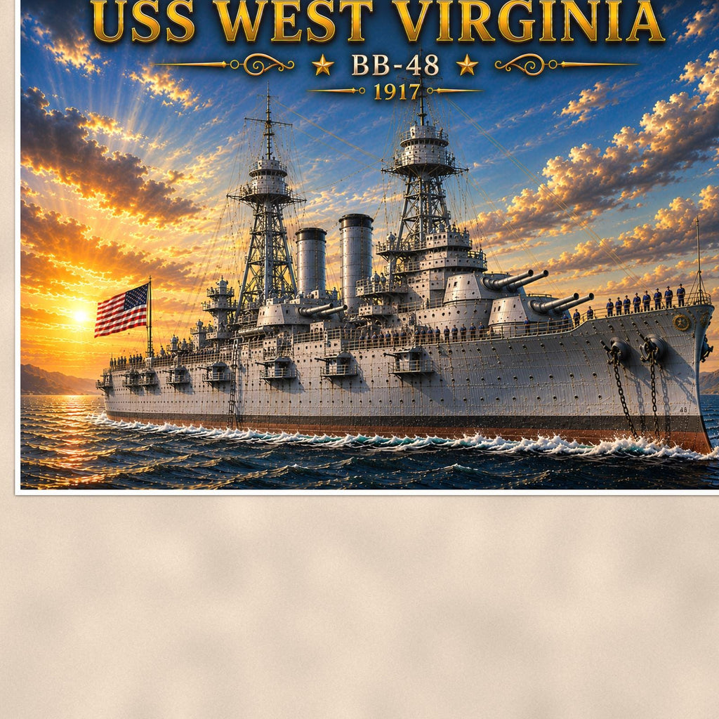 USS West Virginia Battleship — 36x24 in art print poster, premium luster paper with a white border; close-up framed on the main subject of the artwork, paper surface visible.
